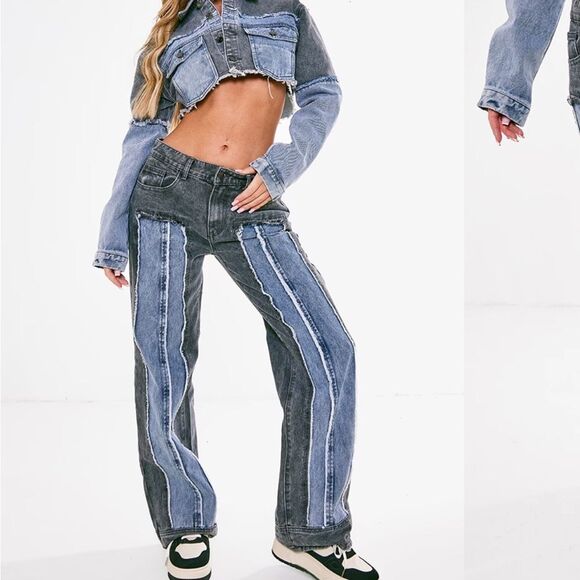Pretty Little Thing Washed Grey Double Layered Denim Straight Leg Jeans - Picture 1 of 6